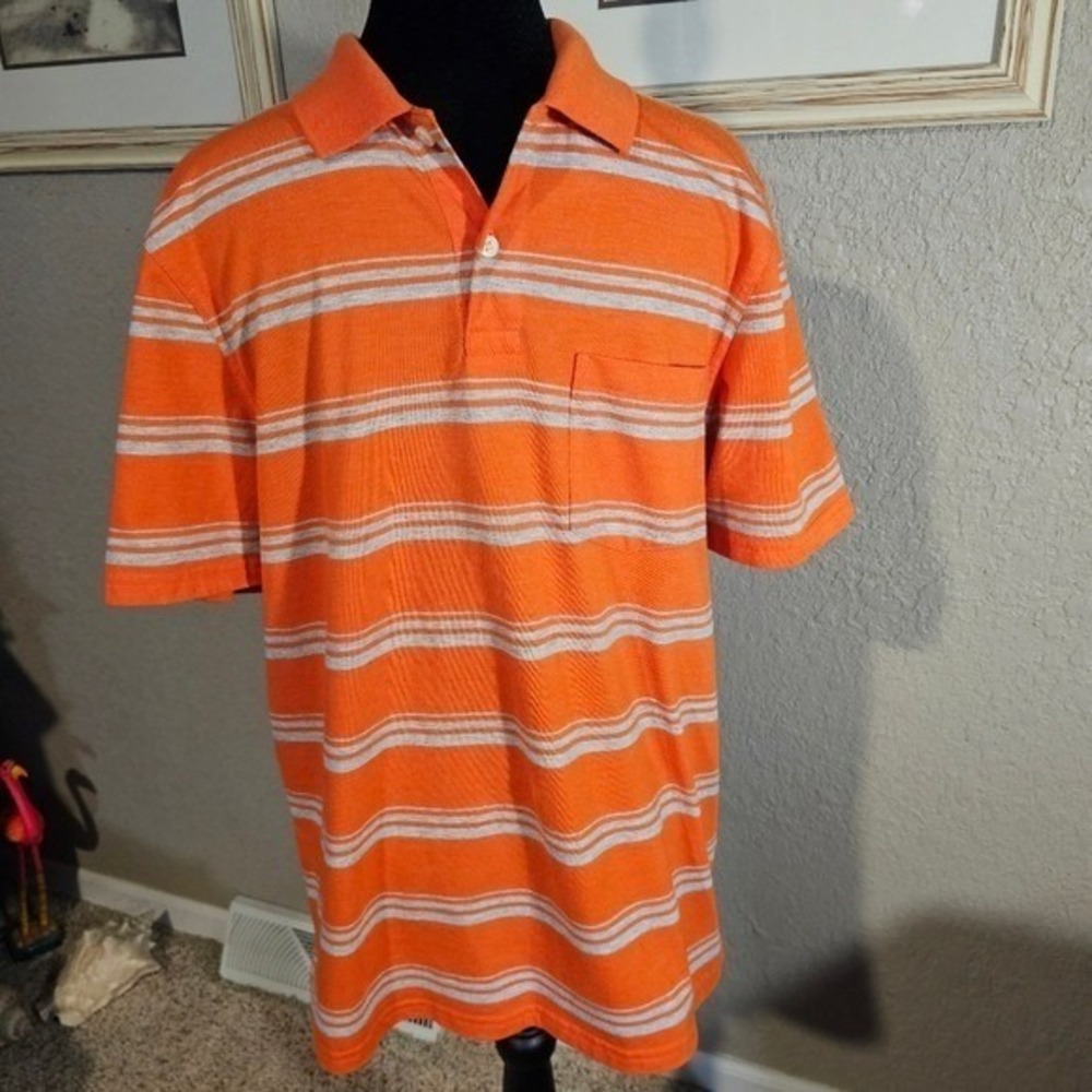 St‎ Johns Bay Mens Orange Gray Striped Short Sleeve Polo Shirt Size Small Pocket